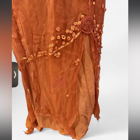 Burnt Orange Women's Sheer Mesh Rose Fairy Assymetrical Tie Back Dress festival - Picture 3 of 8